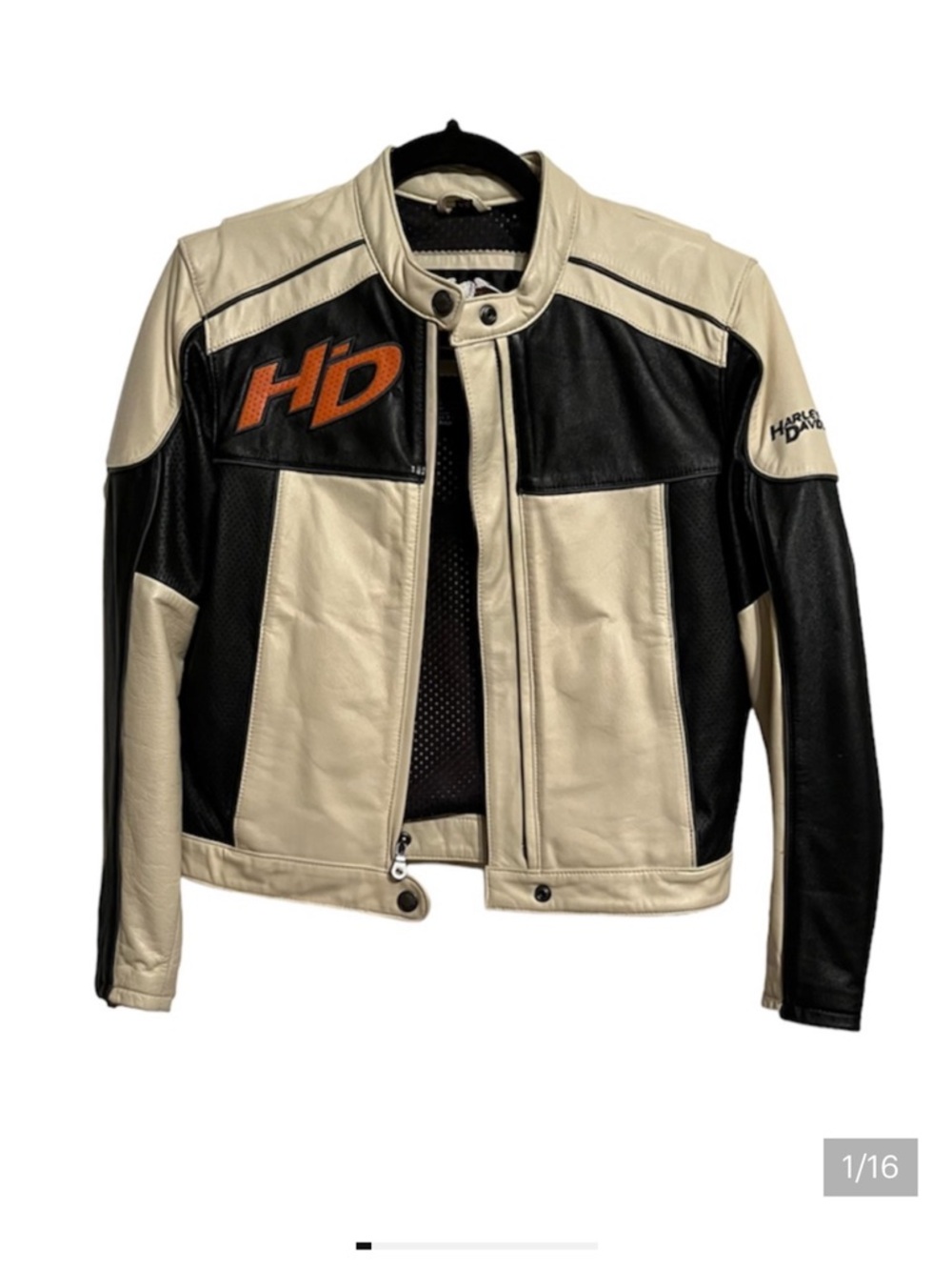 Harley Davidson Legend Cream + Black Leather Zip Biker Racing Jacket woman’s xs